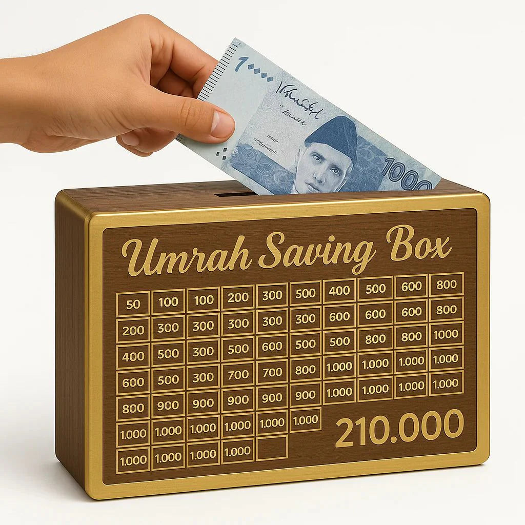 Wooden Umrah Saving Box - 280 Days Savings Plan - Islamic Halal Money Jar for Hajj & Umrah