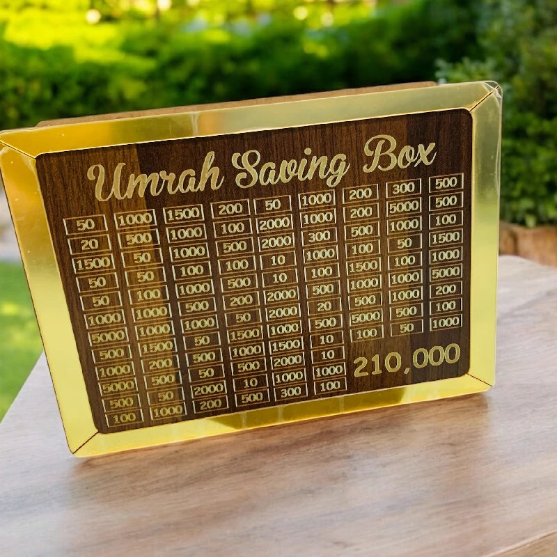 Wooden Umrah Saving Box - 280 Days Savings Plan - Islamic Halal Money Jar for Hajj & Umrah